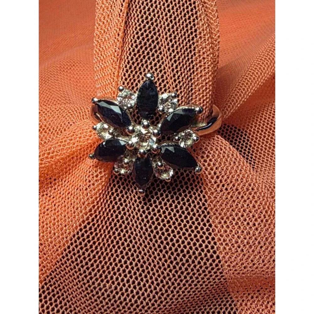 Sterling Silver Sapphire Marquis Cluster Ring. Size 6.75